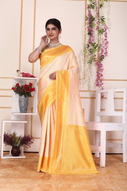 Bright Yellow Kanjivaram Silk Saree with Golden Zari Border & Pallu