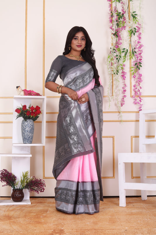 Baby Pink Art Silk Saree with Contrast Grey & Silver Zari Border
