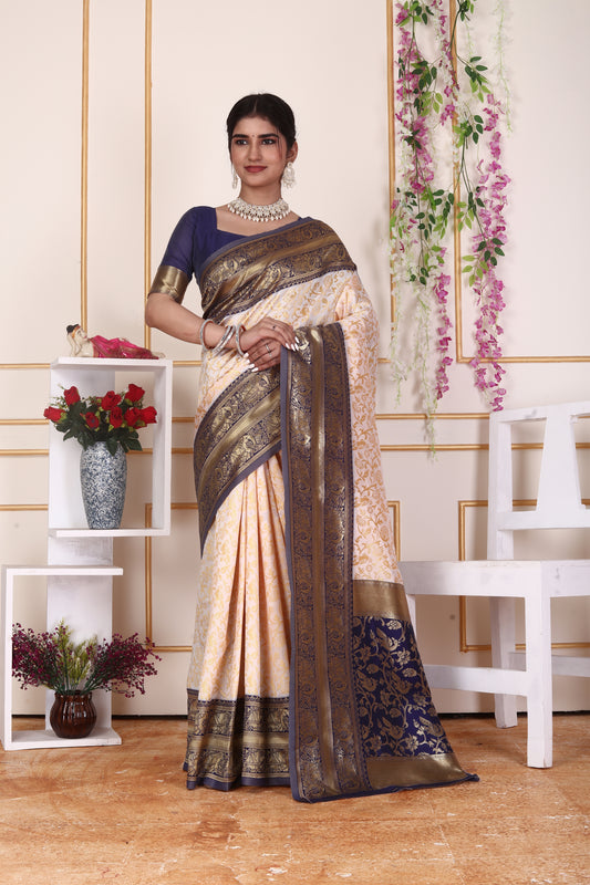Elegant Cream & Navy Blue Silk Saree with Rich Zari Border