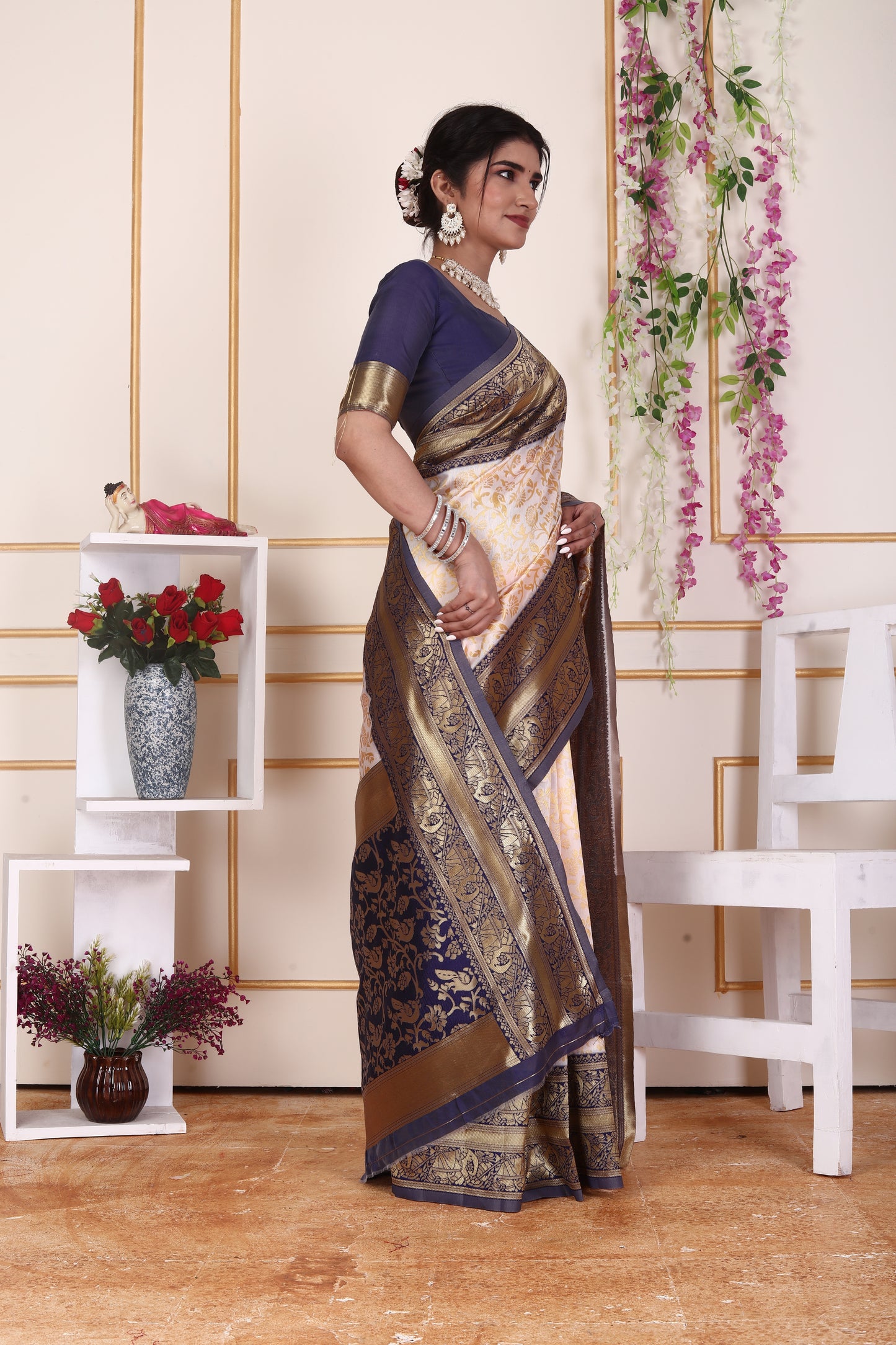Elegant Cream & Navy Blue Silk Saree with Rich Zari Border