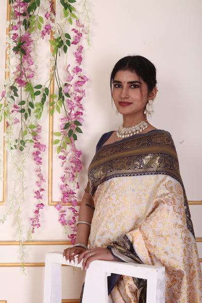 Elegant Cream & Navy Blue Silk Saree with Rich Zari Border