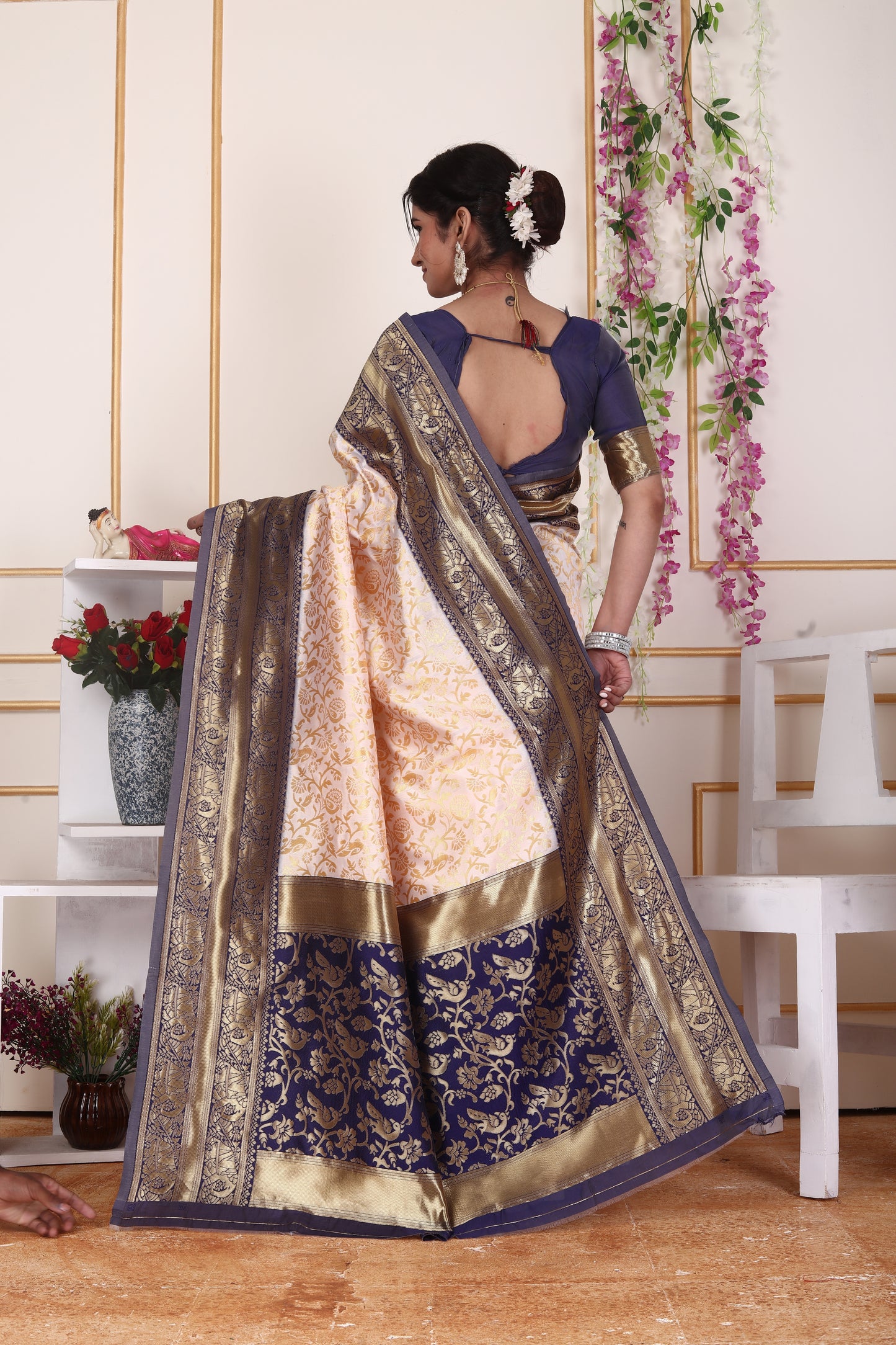 Elegant Cream & Navy Blue Silk Saree with Rich Zari Border
