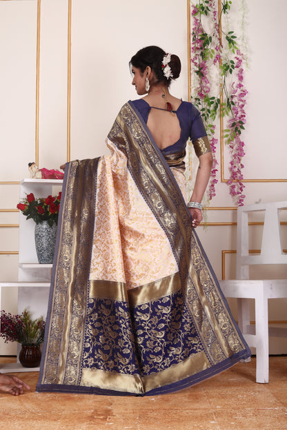Elegant Cream & Navy Blue Silk Saree with Rich Zari Border