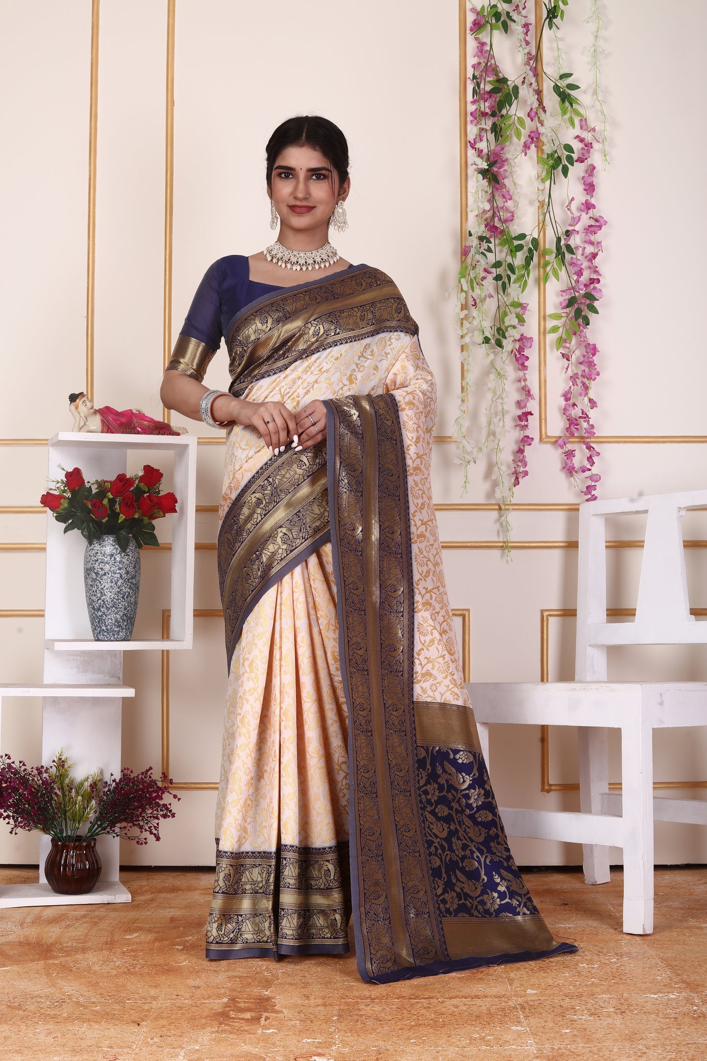 Elegant Cream & Navy Blue Silk Saree with Rich Zari Border