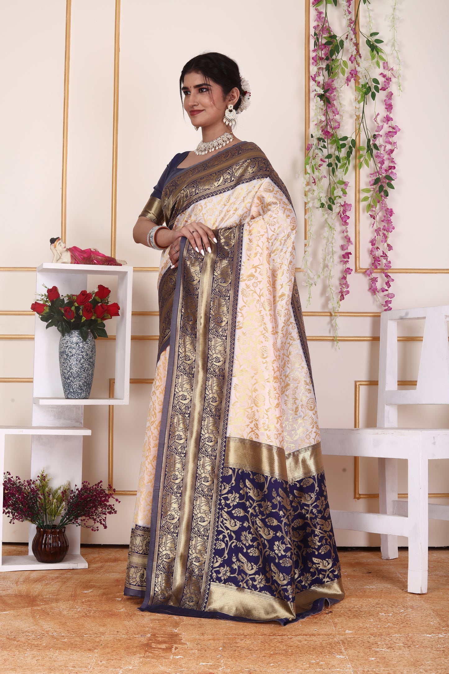 Elegant Cream & Navy Blue Silk Saree with Rich Zari Border