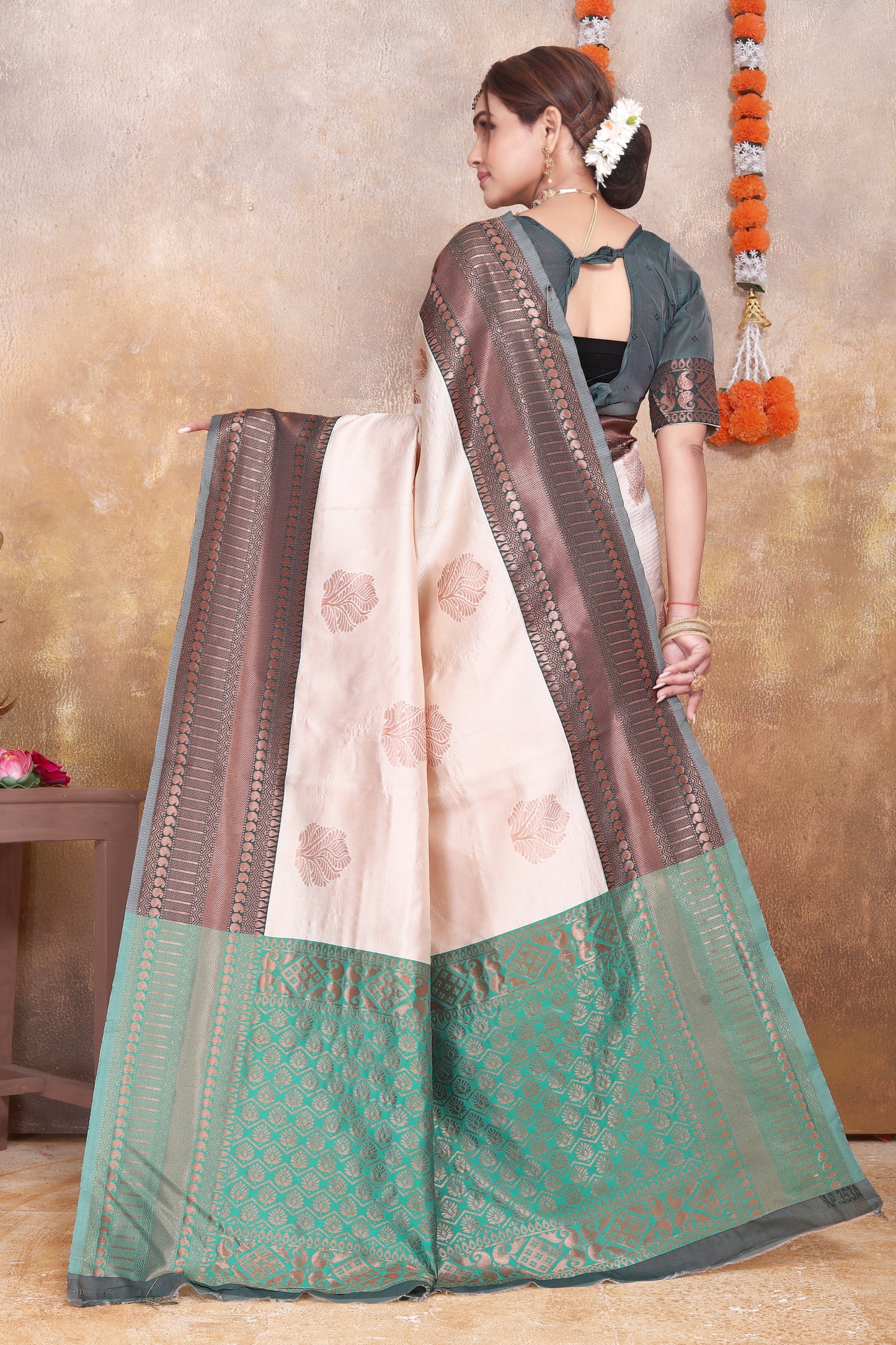 Cream Kanjivaram Silk Saree with Green & Brown Zari Border