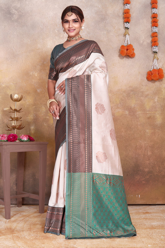 Cream Kanjivaram Silk Saree with Green & Brown Zari Border