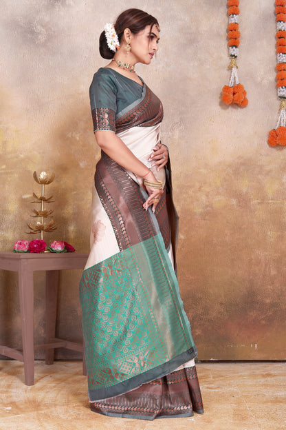 Cream Kanjivaram Silk Saree with Green & Brown Zari Border