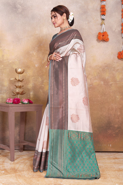 Cream Kanjivaram Silk Saree with Green & Brown Zari Border