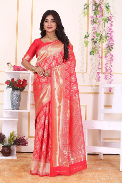 Red Kanjivaram Art Silk Saree with Rich Golden Zari Jaal