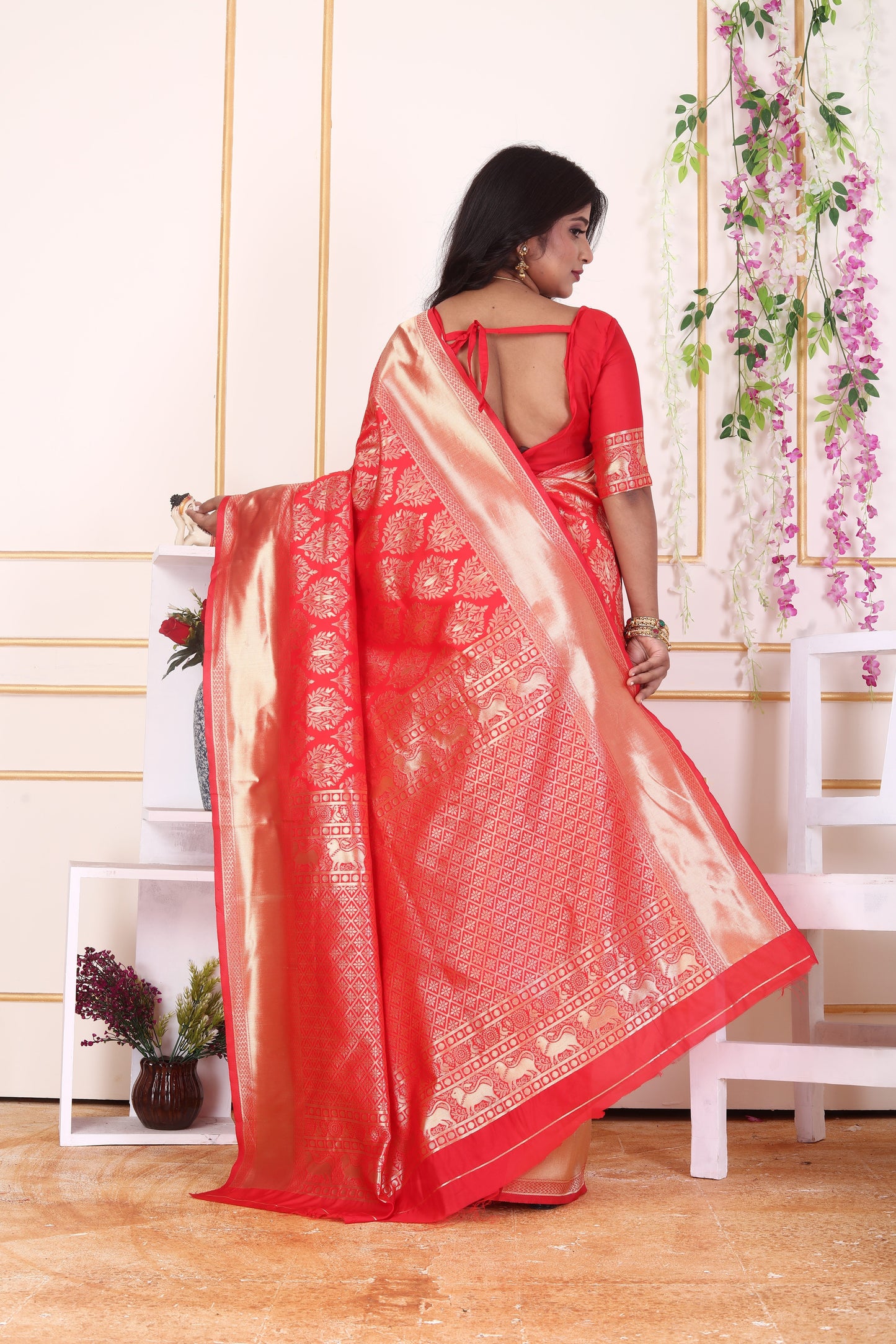 Red Kanjivaram Art Silk Saree with Rich Golden Zari Jaal