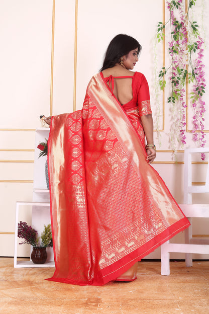 Red Kanjivaram Art Silk Saree with Rich Golden Zari Jaal