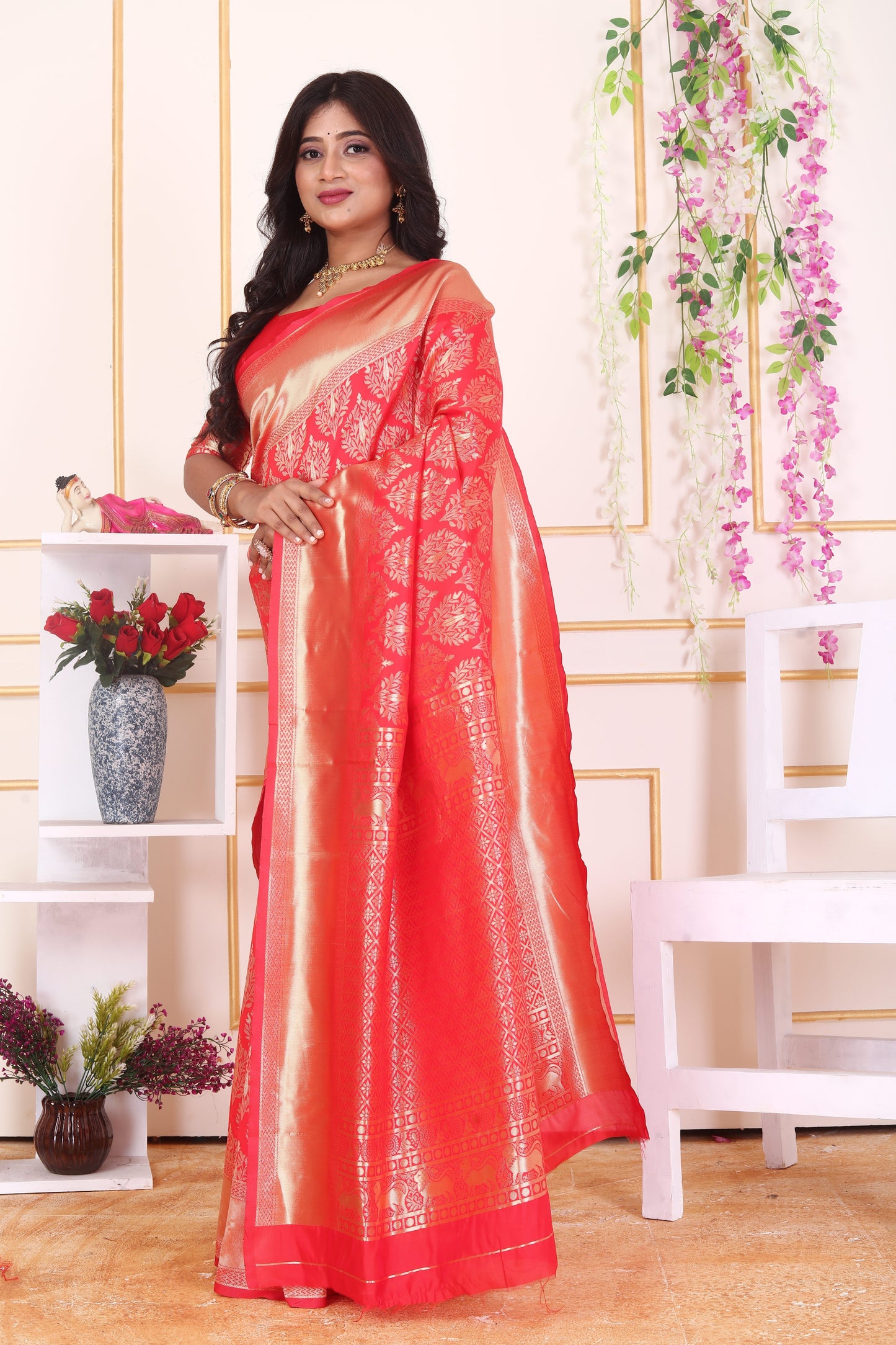 Red Kanjivaram Art Silk Saree with Rich Golden Zari Jaal