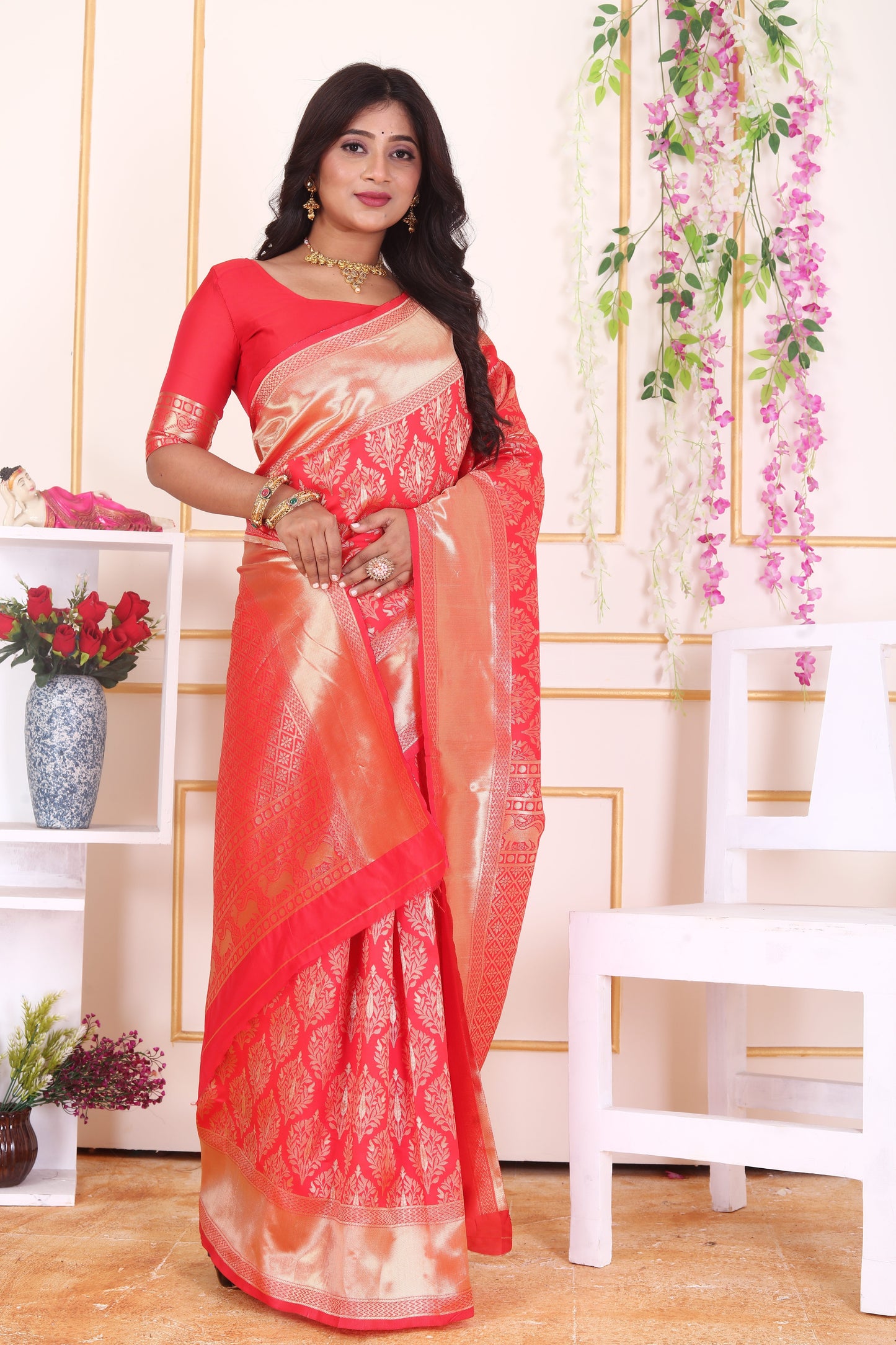 Red Kanjivaram Art Silk Saree with Rich Golden Zari Jaal