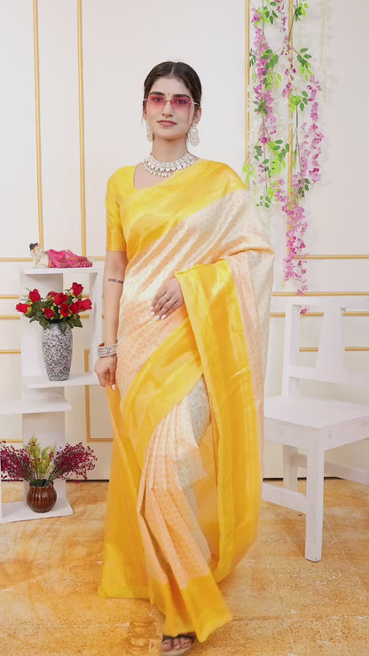 Bright Yellow Kanjivaram Silk Saree with Golden Zari Border & Pallu