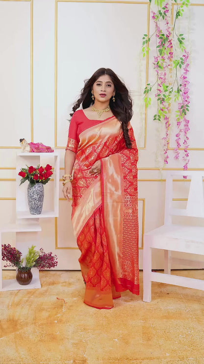 Red Kanjivaram Art Silk Saree with Rich Golden Zari Jaal
