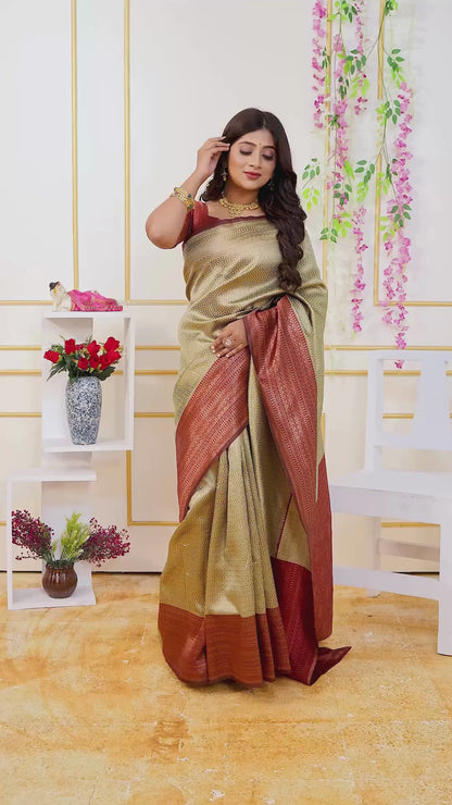 Beige Banarasi Art Silk Saree with Contrast Maroon Border