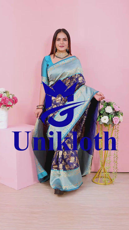 Royal Blue & Firozi Silk Saree with Gold Zari Brocade
