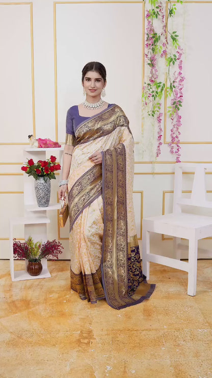 Elegant Cream & Navy Blue Silk Saree with Rich Zari Border
