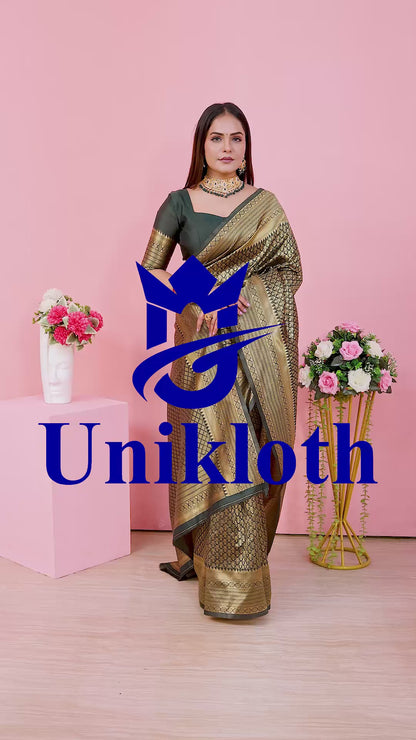 Dark Green Banarasi Silk Saree with Golden Zari | Wedding & Party Wear