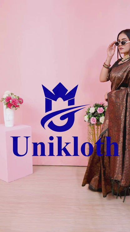 Dark Green Silk Saree with Copper Brown Zari Brocade